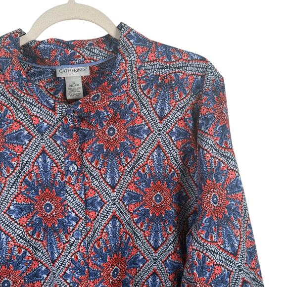 Catherines Blue Red Floral Button Front 100% Cotton Shirt Office Womens Plus 2x - Picture 2 of 5